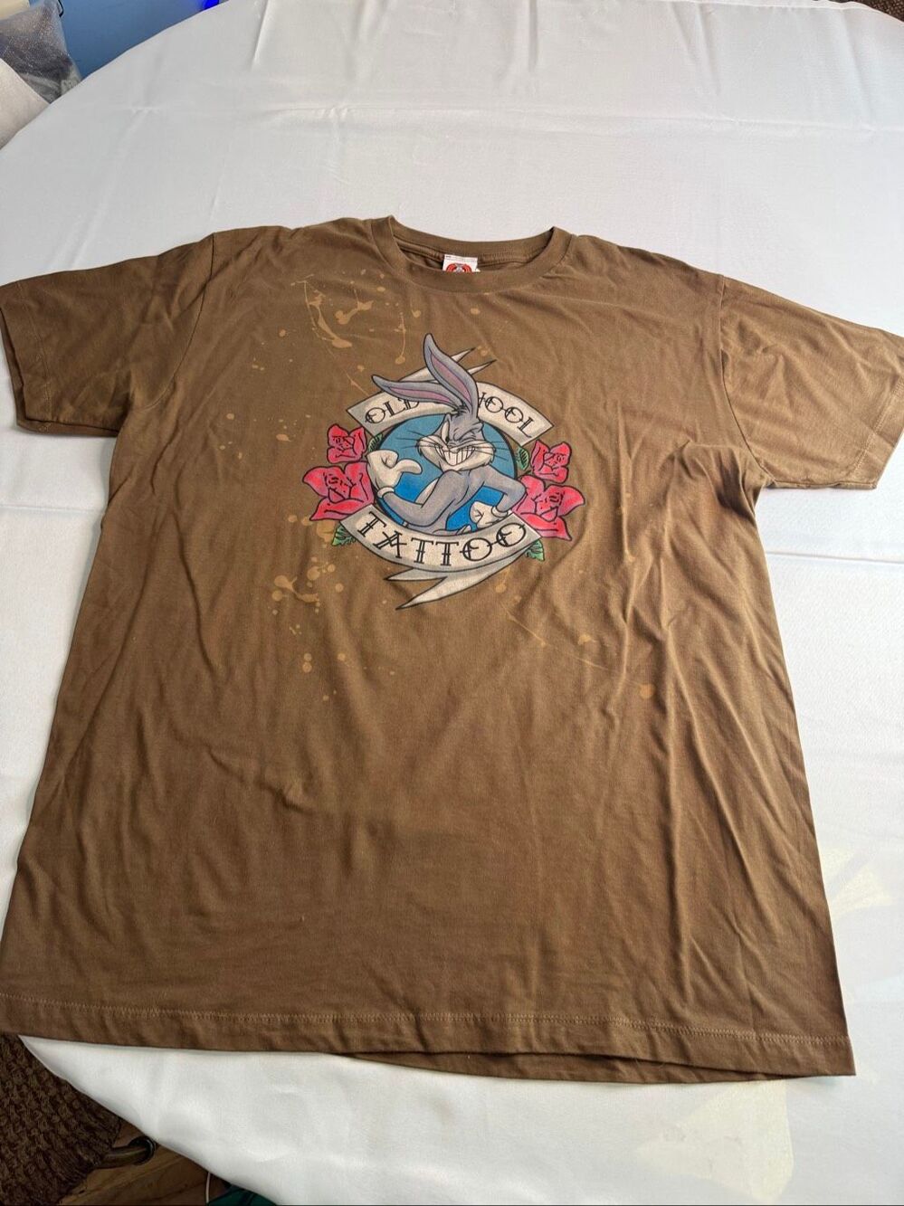 Looney Tunes Bugs Bunny Old School Tattoo Brown Distressed T-Shirt XL Freeze
